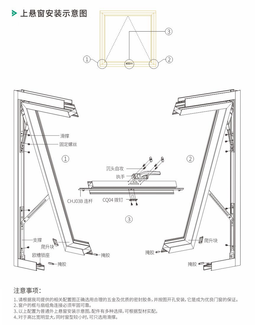 輕型上懸窗五金配件，上懸窗安裝示意圖